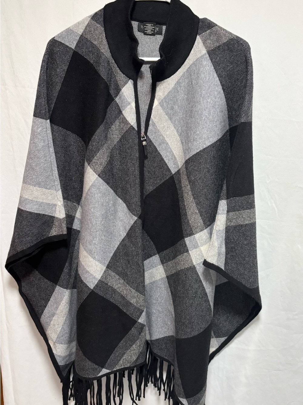 Rachel Zoe Black Gray Plaid Zip-Front Poncho with Fringe